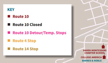 A map with the words route 10 closed, route 10 detour tamp stops, and route 10 detour tamp stops.