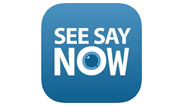 See say now logo on a blue background.