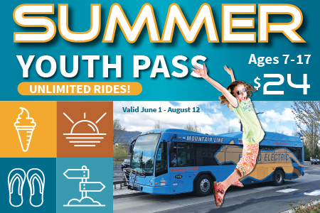 A flyer for a summer youth pass with a girl jumping in front of a bus.