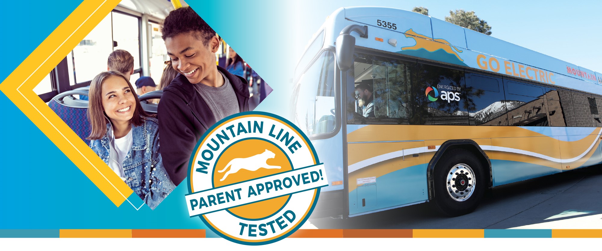 Two young kids sitting on a bus with the catch phrase Mountain Line Tested, Parent Approved!