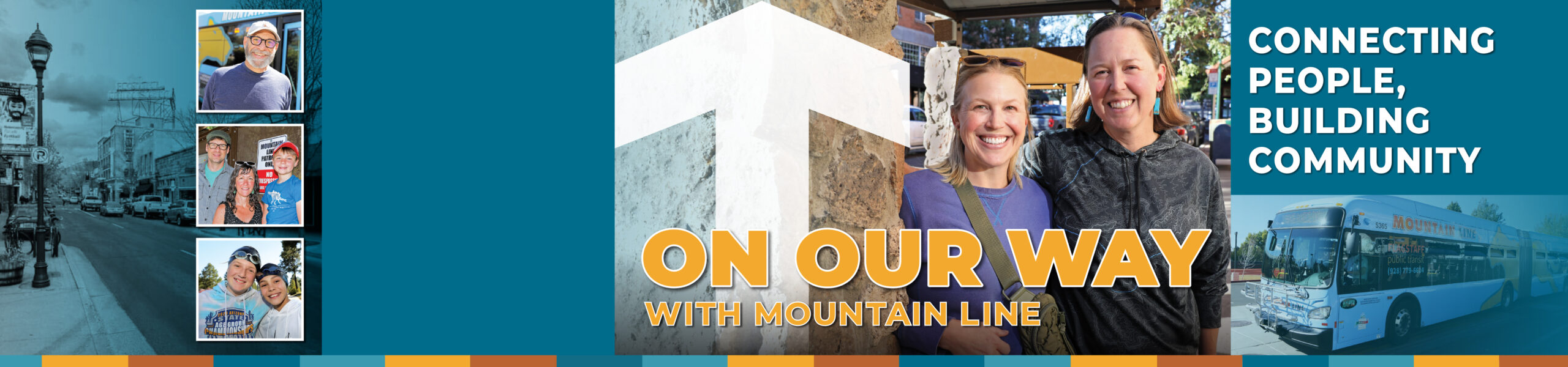 Banner for Mountain Line featuring three people smiling, a bus, and the text 