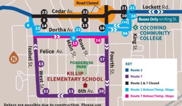 Map showing Mountain Line stop closures for routes 2 and 7 due to Cedar/Lockett/Fourth St. construction. Alternate routes and temp stops are indicated with colored lines and icons.