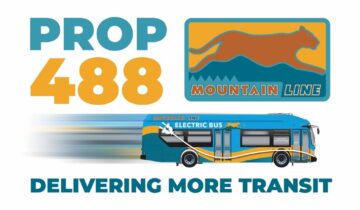 Graphic promoting Prop 488 for Mountain Line transit, featuring an electric bus and the slogan “Delivering More Transit,” highlighting service enhancements launching July 27, 2025, with a mountain lion logo.