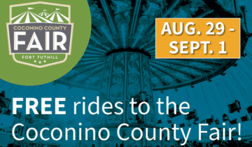 Promotional graphic for the Coconino County Fair at Fort Tuthill, advertising free rides from August 29 to September 1, with a background of a carousel ride.