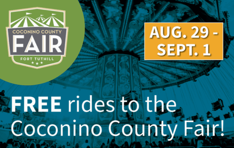 Promotional graphic for the Coconino County Fair at Fort Tuthill, advertising free rides from August 29 to September 1, with a background of a carousel ride.