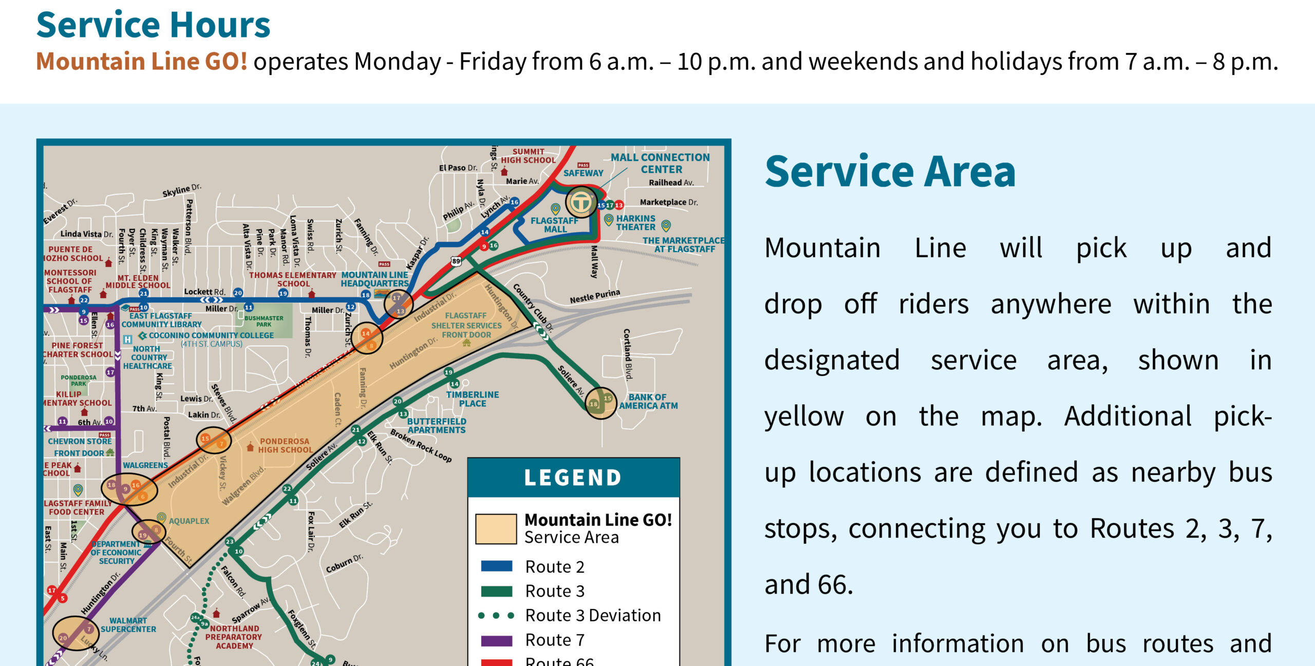 Map showing Mountain Line GO! service area in yellow, with nearby bus stops for Routes 2, 3, 7, and 66. Service hours and area details are listed on the right.