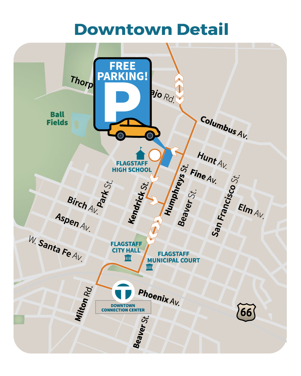 Map showing bus routes in Flagstaff, including Route 2, Route 3, Route 3 Deviation, Route 7, and Route 66, with a highlighted Mountain Line GO! service area.