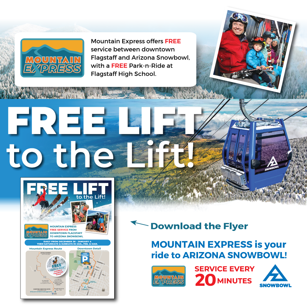 A skier in red jumps off a slope; inset photos show snowboarders and people boarding a shuttle bus with mountains in the background. Text reads 