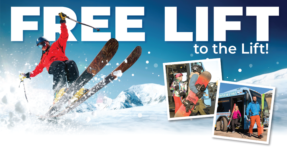 A skier in red jumps off a slope; inset photos show snowboarders and people boarding a shuttle bus with mountains in the background. Text reads 