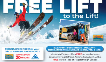 A skier descends a snowy slope as the Mountain Express bus waits nearby. Enjoy free rides to Arizona Snowbowl from Flagstaff during the 2025-2026 season, with service every 20 minutes starting December 26.