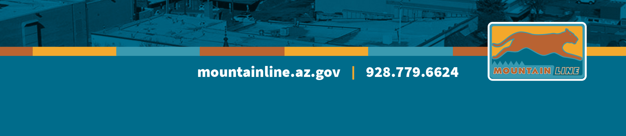 Mountain Line banner with website mountainline.az.gov, phone number 928.779.6624, and logo featuring a mountain lion and blue, orange, and teal color blocks.