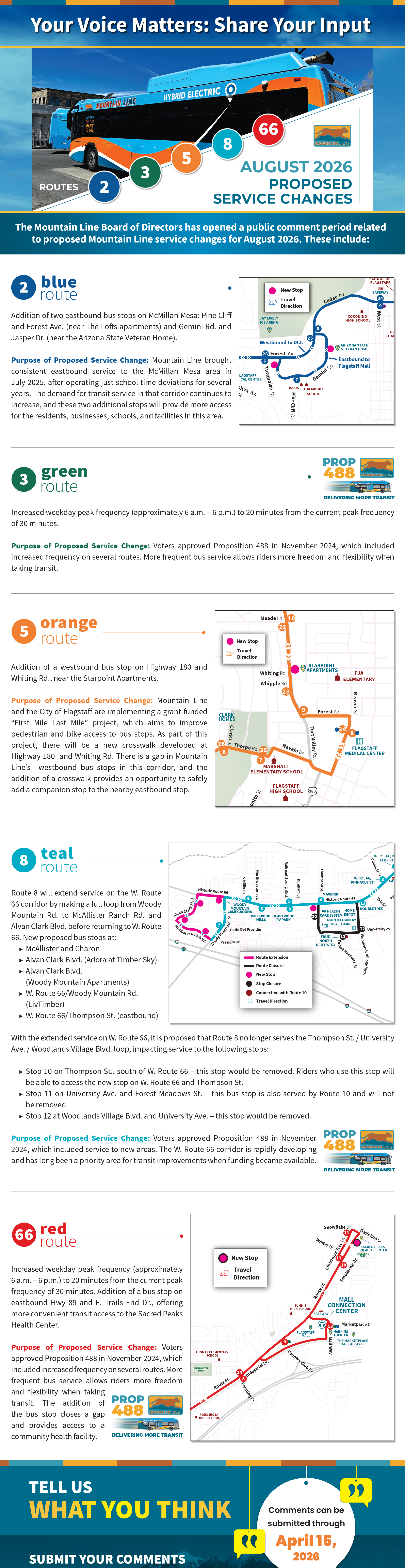 Infographic outlining proposed August 2024 bus service changes with maps and details for blue, green, orange, teal, and red routes, plus a comment submission section at the bottom.