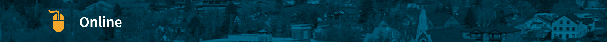 Banner with a yellow mouse icon and the word "Online" on a blue-tinted background showing a town with houses and trees.