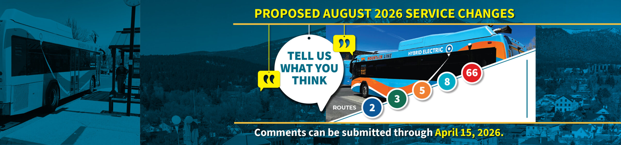 Banner showing proposed August 2026 service changes for bus routes 2, 3, 5, 8, and 66, with a prompt for feedback by April 15, 2026, and images of city buses and a town.