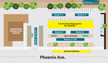 Map showing bus routes and platforms at Downtown Connection Center, with designated construction and no parking areas near Phoenix Ave. Bus routes 2, 3, 5, 7, 8, 10, 66 indicated.