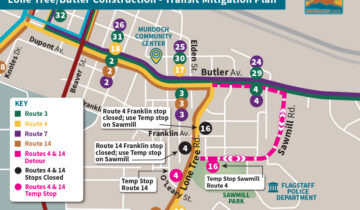 Transit map showing detours and temporary stops for bus Routes 4 and 14 due to Lone Tree/Butler construction in Flagstaff, with routes and stops marked in different colors.