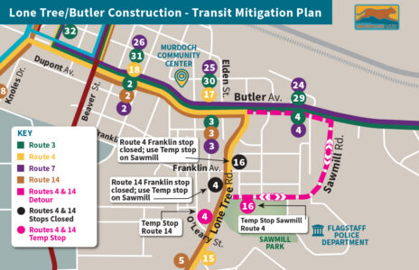Transit map showing detours and temporary stops for bus Routes 4 and 14 due to Lone Tree/Butler construction in Flagstaff, with routes and stops marked in different colors.