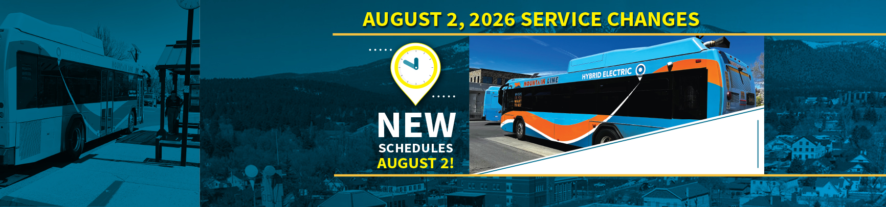 Banner announcing August 2, 2026, service changes with images of buses and text highlighting new schedules starting August 2.