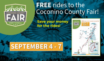 Coconino County Fair ad offering free rides, with event dates September 4-7, fairground map, and a blurred amusement ride in the background.
