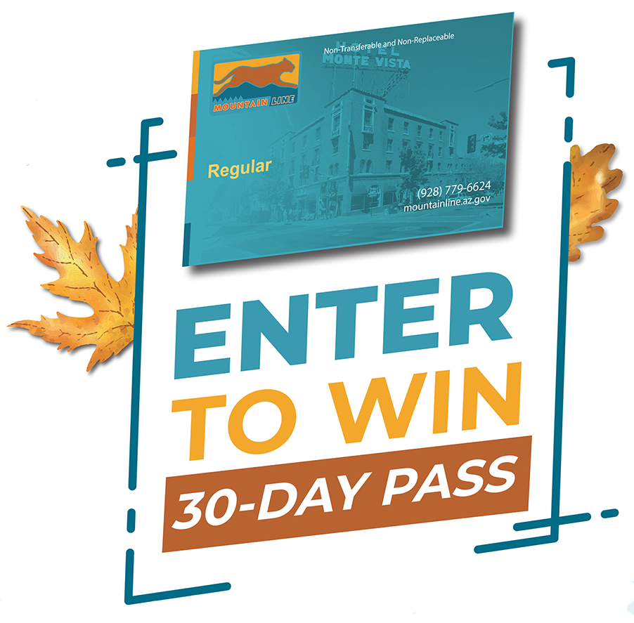 Enter to win a 30-day pass. Illustration of a Mountain Line Regular pass framed by autumn leaves.