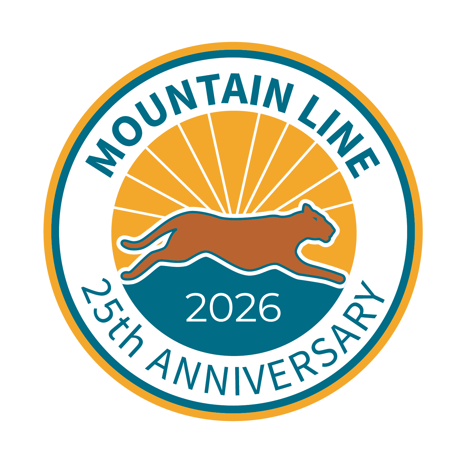 Mountain Line 25th Anniversary 2026 logo: a mountain lion leaping in front of a rising sun.