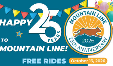 Mountain Line promotional graphic celebrating their 25th anniversary by offering free rides on October 13, 2026.
