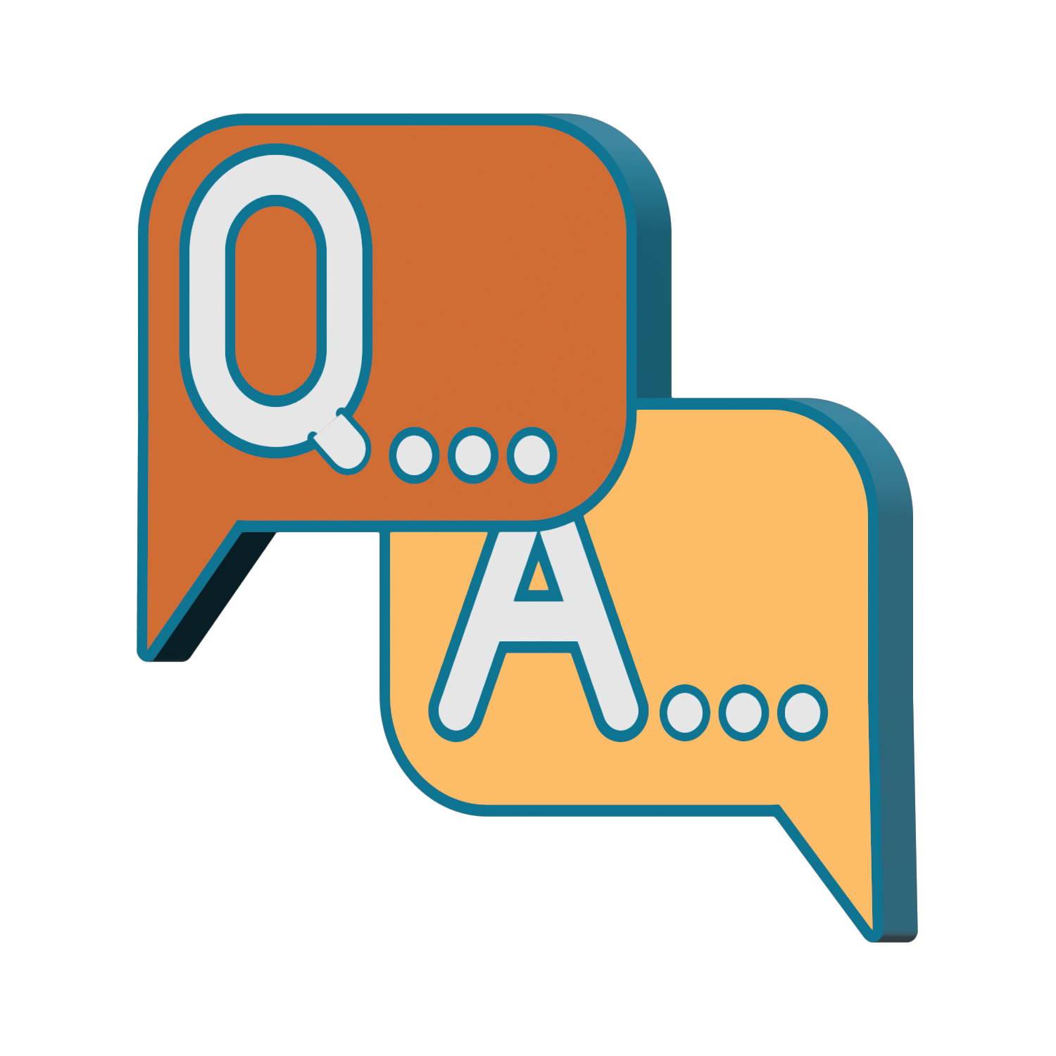 Two speech bubbles overlapping, one orange marked with a “Q...” and one yellow marked with an “A...”.