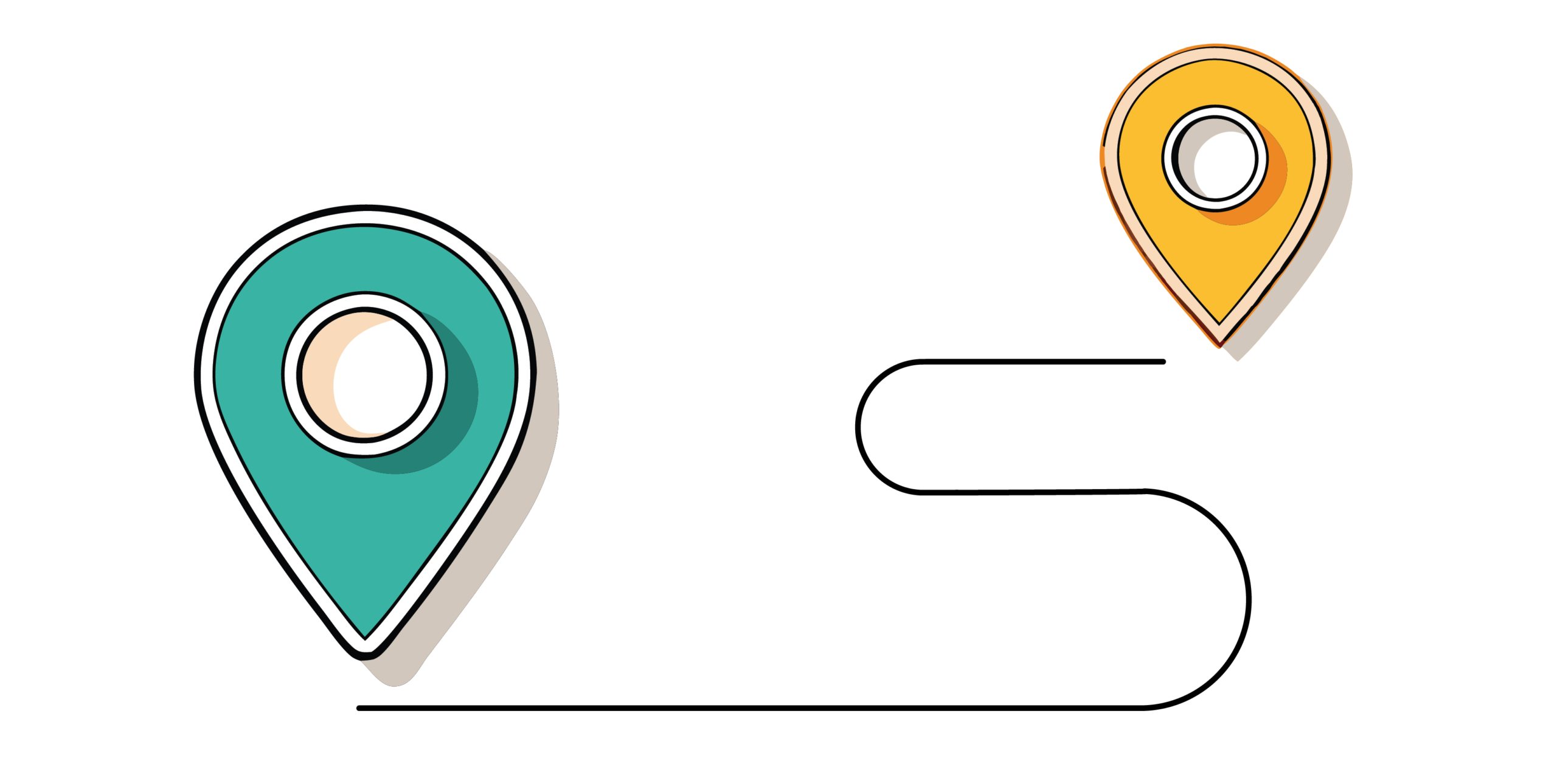 Two map location pins, one teal and one yellow, connected by a curved black line on a white background.